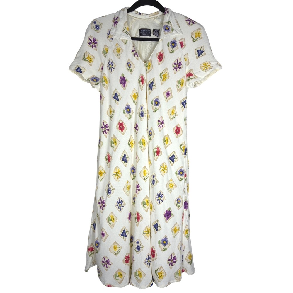 Vintage Liz Claiborne Petite Floral Midi Dress Geometric Print Cottagecore Sz 8